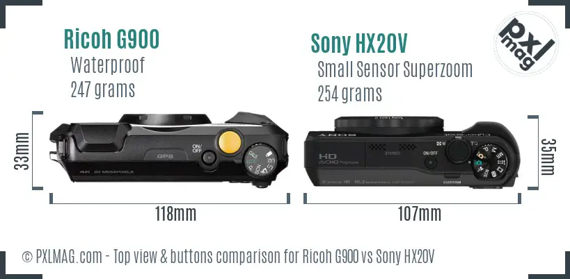 Ricoh G900 vs Sony HX20V top view buttons comparison Ricoh G900 vs Sony HX20V top view buttons comparison
