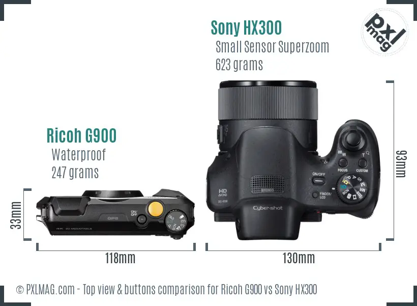 Ricoh G900 vs Sony HX300 top view buttons comparison Ricoh G900 vs Sony HX300 top view buttons comparison