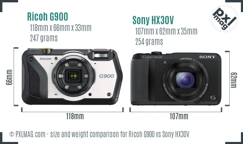 Ricoh G900 vs Sony HX30V size comparison