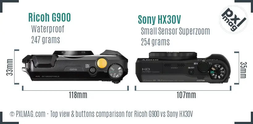 Ricoh G900 vs Sony HX30V top view buttons comparison