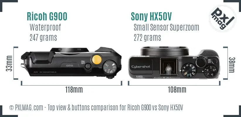 Ricoh G900 vs Sony HX50V top view buttons comparison