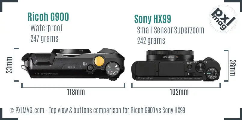 Ricoh G900 vs Sony HX99 top view buttons comparison