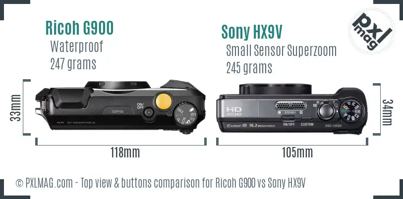 Ricoh G900 vs Sony HX9V top view buttons comparison