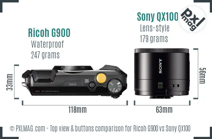 Ricoh G900 vs Sony QX100 top view buttons comparison