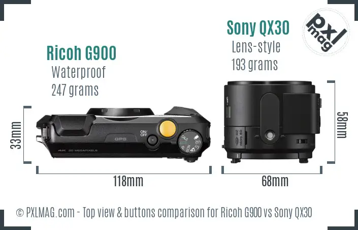 Ricoh G900 vs Sony QX30 top view buttons comparison