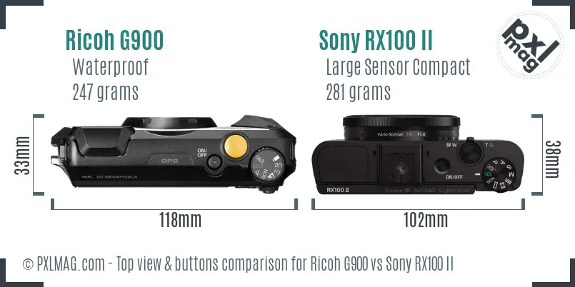 Ricoh G900 vs Sony RX100 II top view buttons comparison