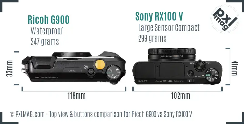 Ricoh G900 vs Sony RX100 V top view buttons comparison Ricoh G900 vs Sony RX100 V top view buttons comparison