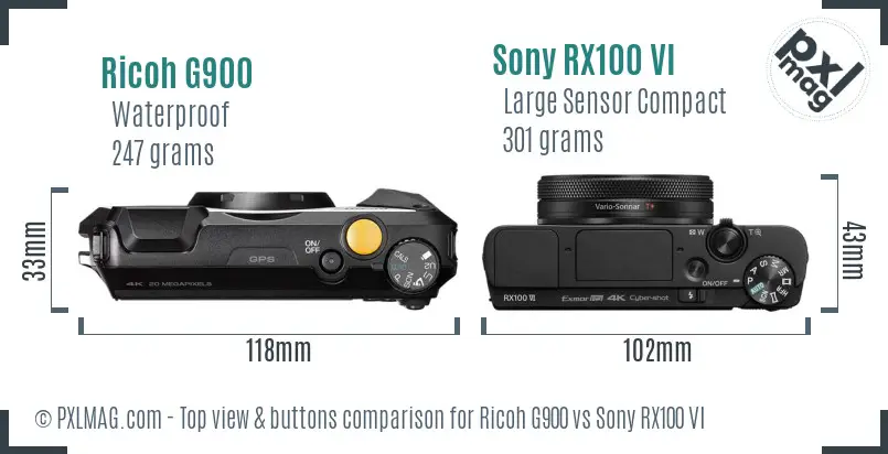 Ricoh G900 vs Sony RX100 VI top view buttons comparison