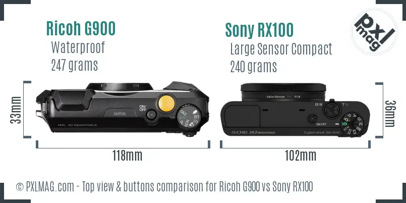 Ricoh G900 vs Sony RX100 top view buttons comparison