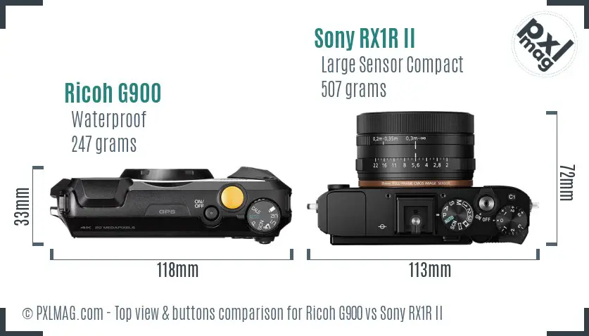 Ricoh G900 vs Sony RX1R II top view buttons comparison