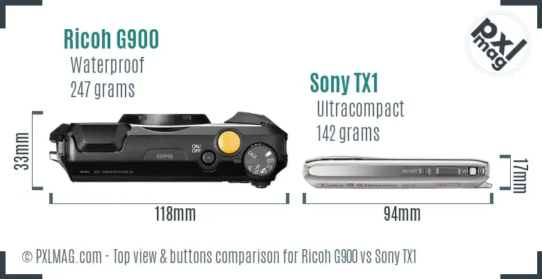 Ricoh G900 vs Sony TX1 top view buttons comparison
