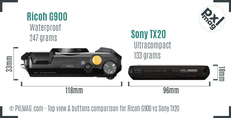 Ricoh G900 vs Sony TX20 top view buttons comparison