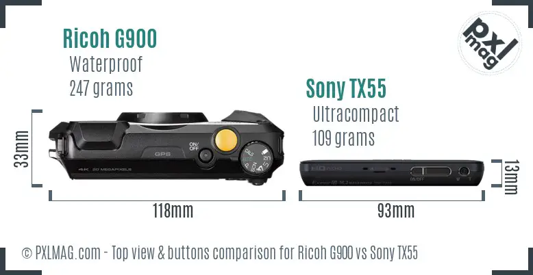 Ricoh G900 vs Sony TX55 top view buttons comparison