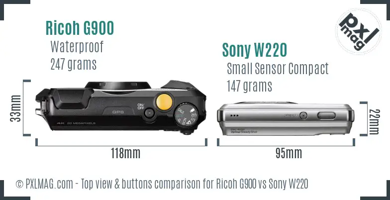 Ricoh G900 vs Sony W220 top view buttons comparison
