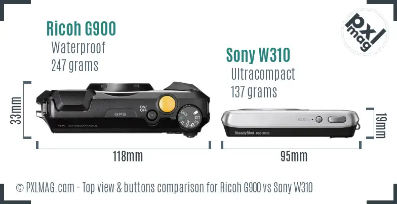 Ricoh G900 vs Sony W310 top view buttons comparison