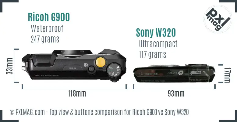 Ricoh G900 vs Sony W320 top view buttons comparison