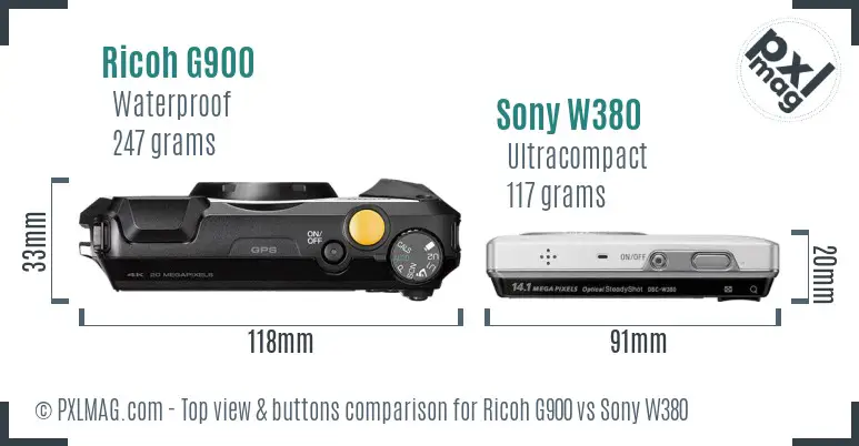 Ricoh G900 vs Sony W380 top view buttons comparison