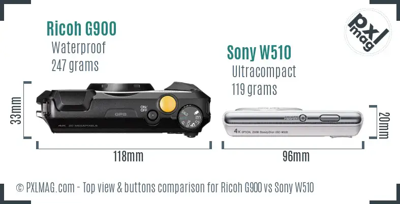 Ricoh G900 vs Sony W510 top view buttons comparison