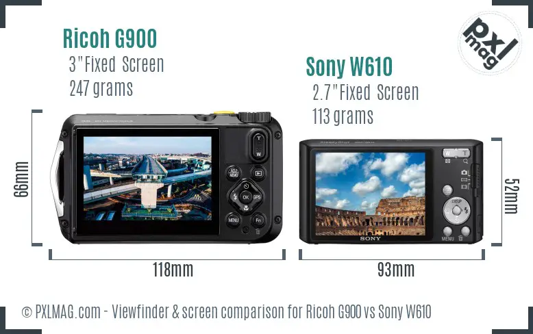 Ricoh G900 vs Sony W610 Screen and Viewfinder comparison