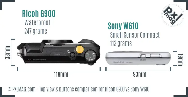 Ricoh G900 vs Sony W610 top view buttons comparison