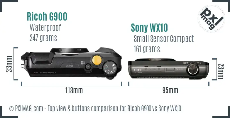 Ricoh G900 vs Sony WX10 top view buttons comparison