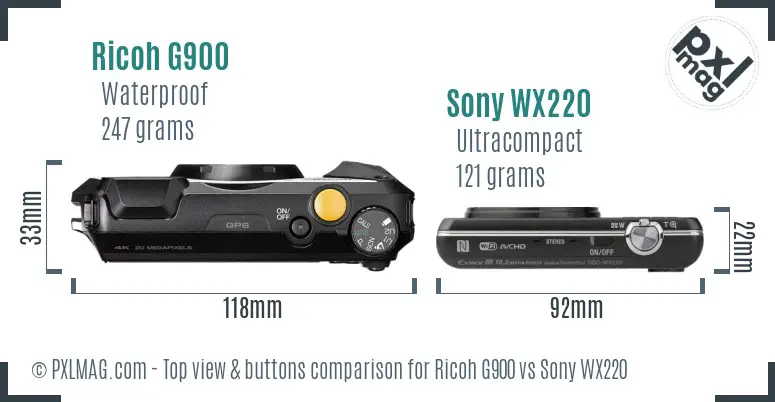 Ricoh G900 vs Sony WX220 top view buttons comparison