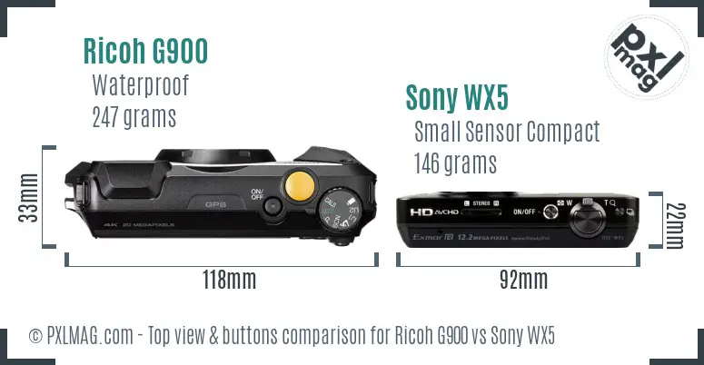 Ricoh G900 vs Sony WX5 top view buttons comparison