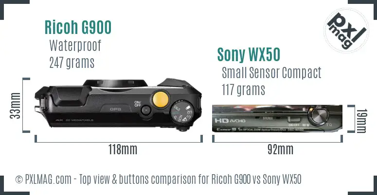Ricoh G900 vs Sony WX50 top view buttons comparison