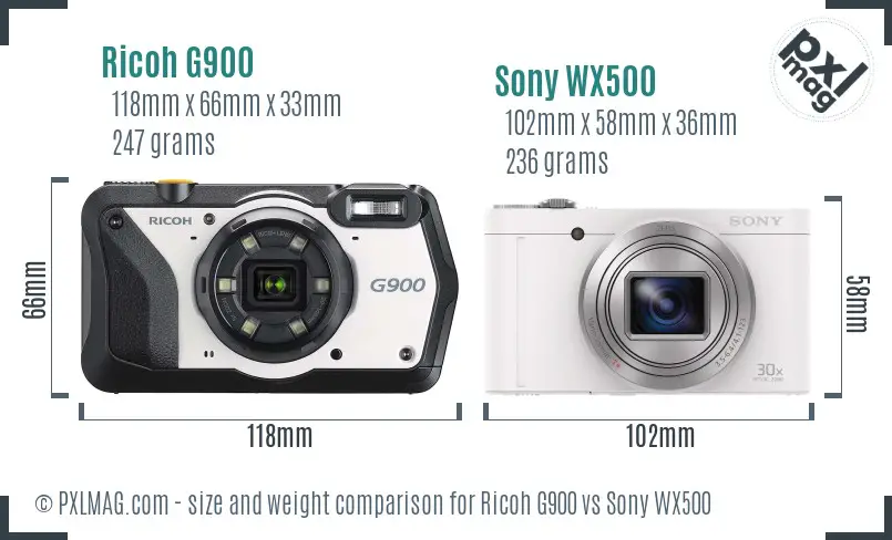 Ricoh G900 vs Sony WX500 size comparison