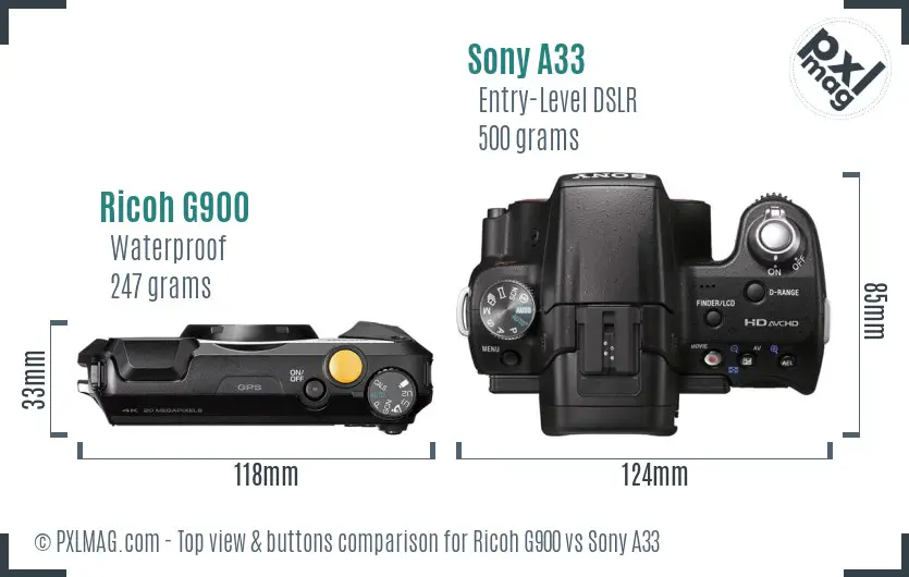 Ricoh G900 vs Sony A33 top view buttons comparison