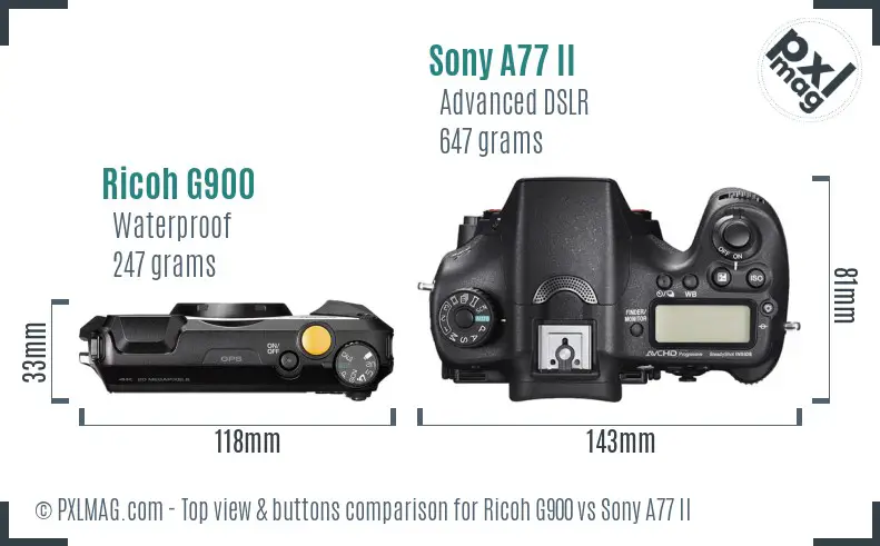 Ricoh G900 vs Sony A77 II top view buttons comparison