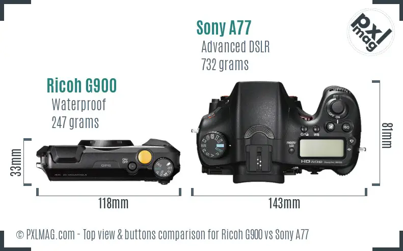 Ricoh G900 vs Sony A77 top view buttons comparison
