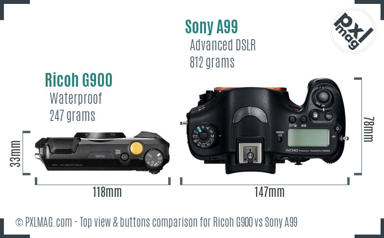 Ricoh G900 vs Sony A99 top view buttons comparison