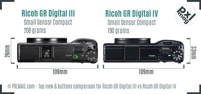Ricoh GR Digital III vs Ricoh GR Digital IV top view buttons comparison