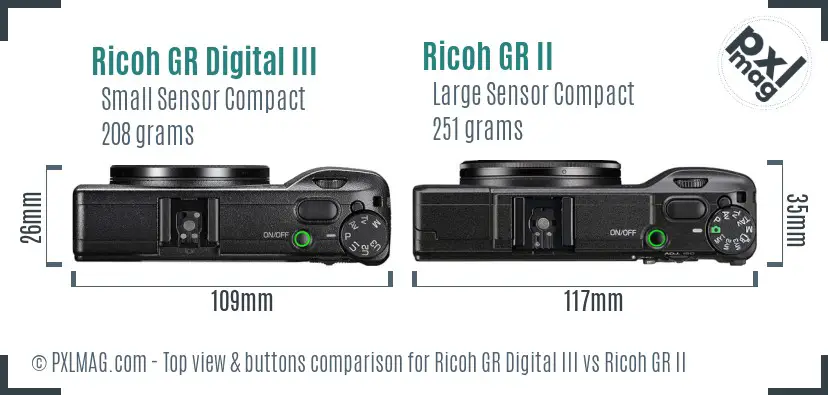 Ricoh GR Digital III vs Ricoh GR II top view buttons comparison
