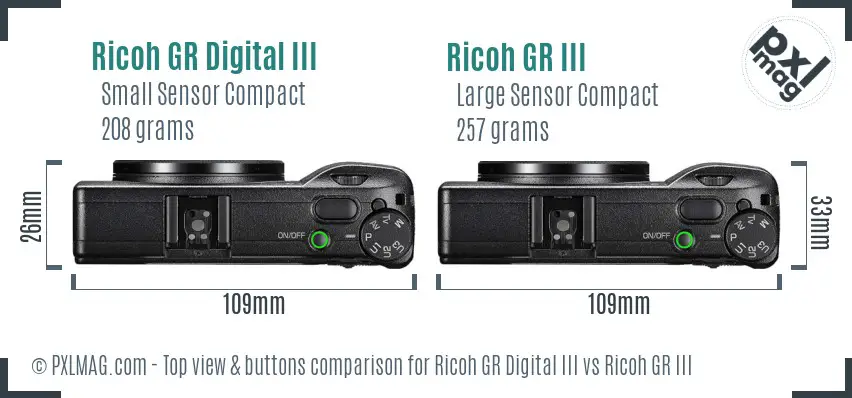 Ricoh GR Digital III vs Ricoh GR III top view buttons comparison