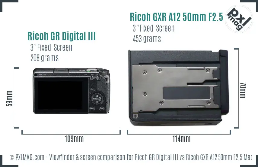 Ricoh GR Digital III vs Ricoh GXR A12 50mm F2.5 Macro Screen and Viewfinder comparison