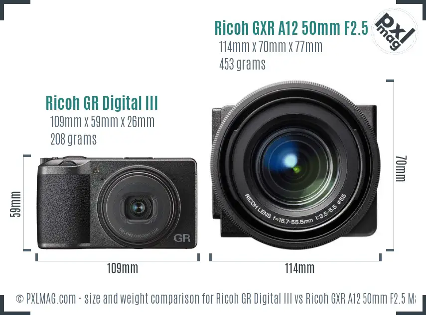 Ricoh GR Digital III vs Ricoh GXR A12 50mm F2.5 Macro size comparison