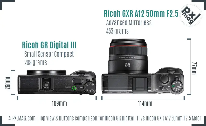 Ricoh GR Digital III vs Ricoh GXR A12 50mm F2.5 Macro top view buttons comparison