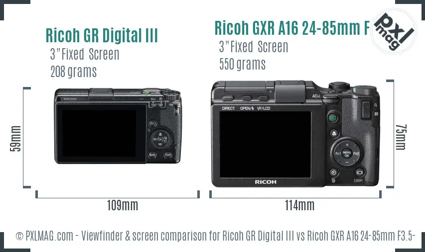 Ricoh GR Digital III vs Ricoh GXR A16 24-85mm F3.5-5.5 Screen and Viewfinder comparison