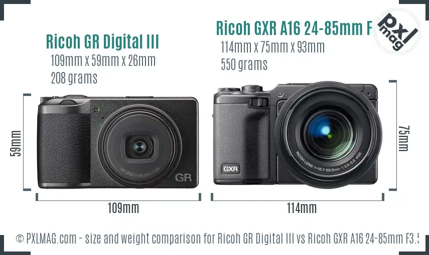 Ricoh GR Digital III vs Ricoh GXR A16 24-85mm F3.5-5.5 size comparison