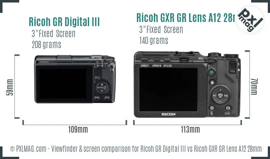 Ricoh GR Digital III vs Ricoh GXR GR Lens A12 28mm F2.5 Screen and Viewfinder comparison