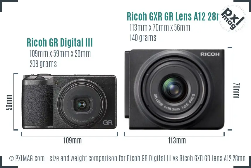 Ricoh GR Digital III vs Ricoh GXR GR Lens A12 28mm F2.5 size comparison