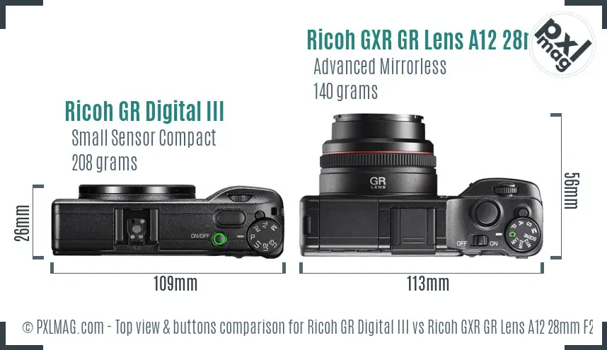 Ricoh GR Digital III vs Ricoh GXR GR Lens A12 28mm F2.5 top view buttons comparison