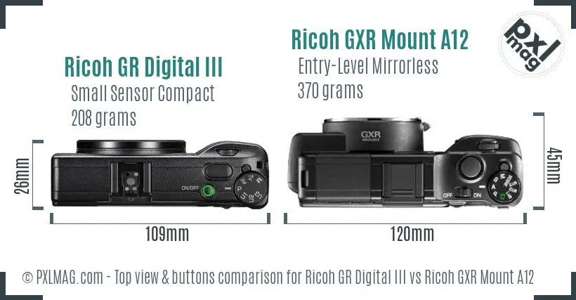 Ricoh GR Digital III vs Ricoh GXR Mount A12 top view buttons comparison