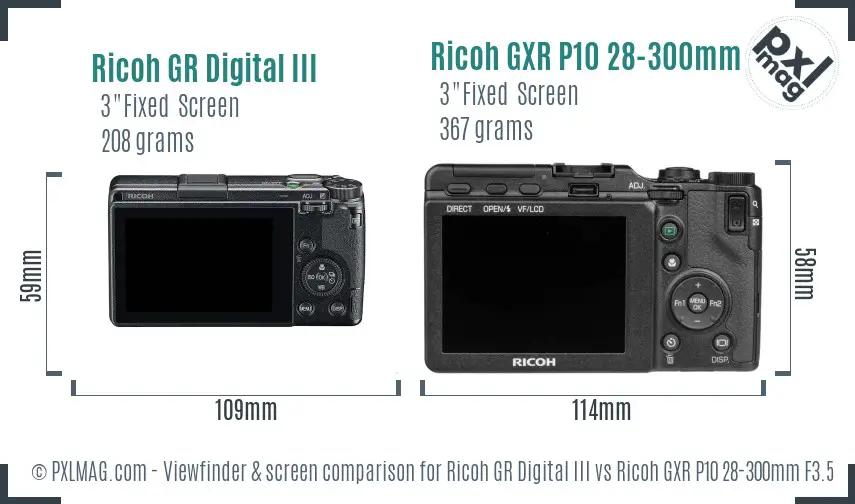 Ricoh GR Digital III vs Ricoh GXR P10 28-300mm F3.5-5.6 VC Screen and Viewfinder comparison