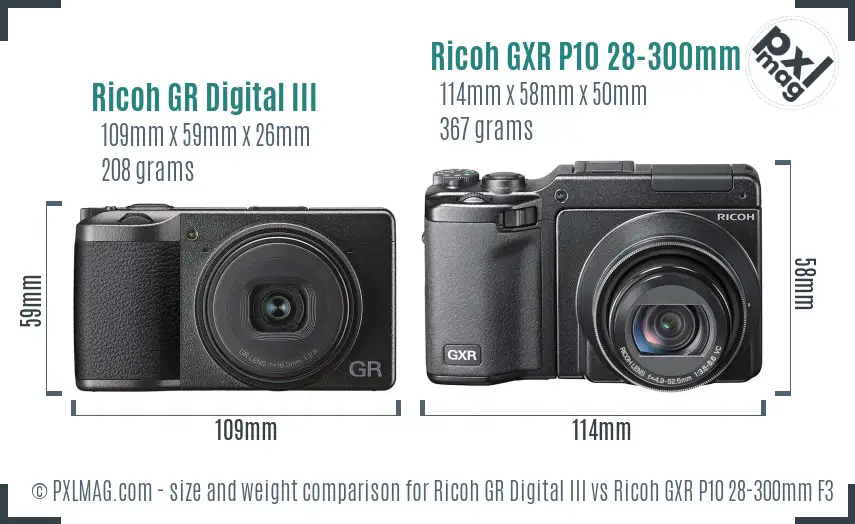 Ricoh GR Digital III vs Ricoh GXR P10 28-300mm F3.5-5.6 VC size comparison