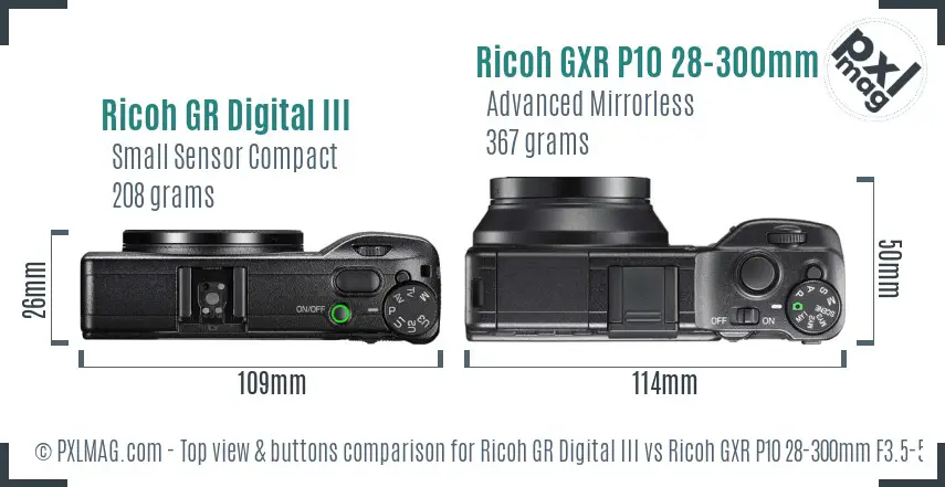 Ricoh GR Digital III vs Ricoh GXR P10 28-300mm F3.5-5.6 VC top view buttons comparison