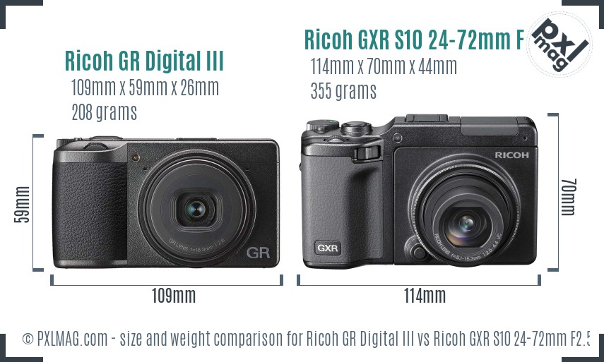 Ricoh GR Digital III vs Ricoh GXR S10 24-72mm F2.5-4.4 VC size comparison