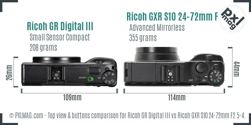 Ricoh GR Digital III vs Ricoh GXR S10 24-72mm F2.5-4.4 VC top view buttons comparison